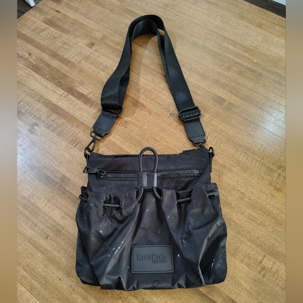 BEBE Satin Blind Logo Embossed SPORT Adjustable Strap Purse  NO FADING